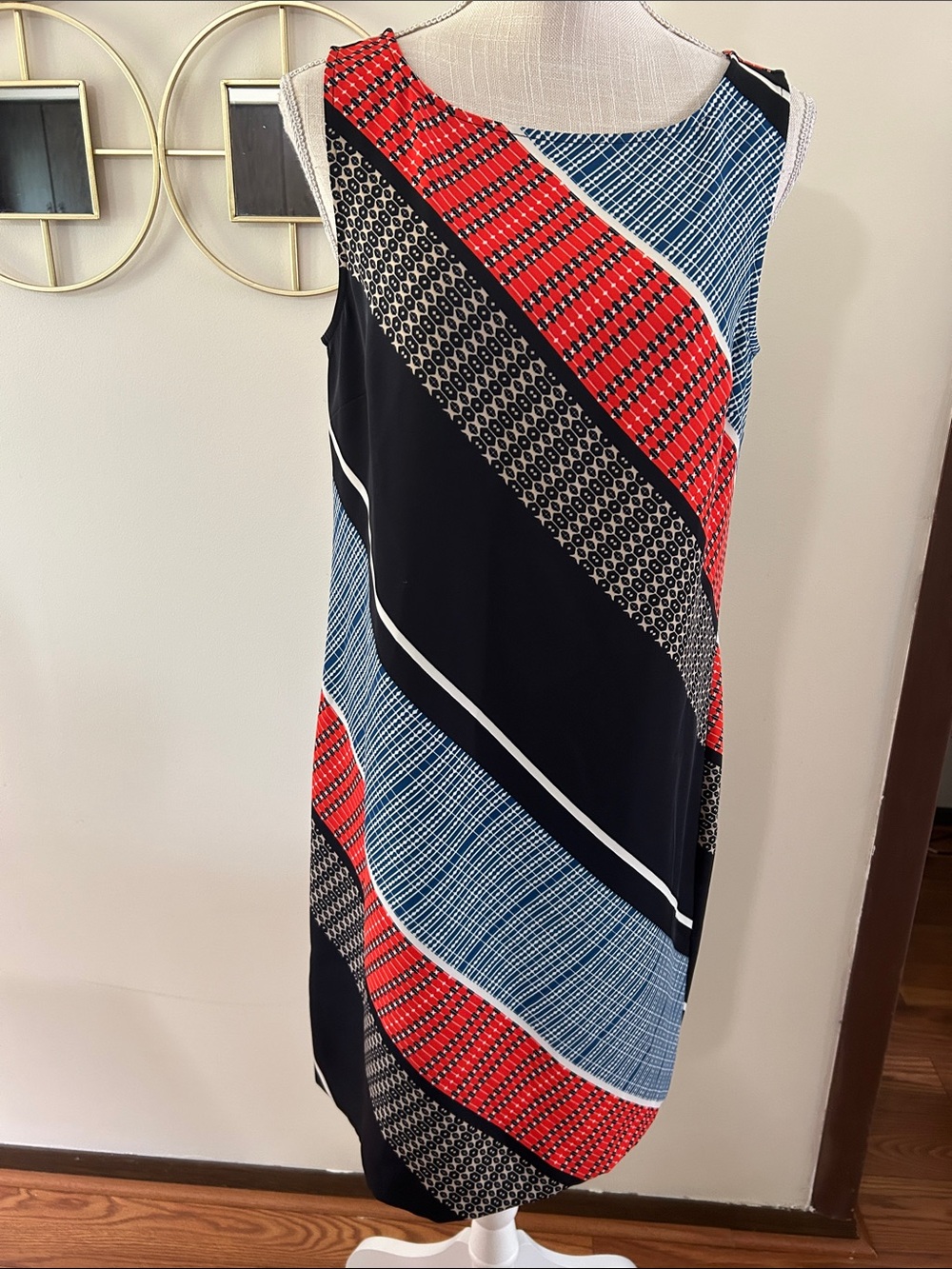 NWT Ann Taylor Sleeveless Mixed-Print striped Midi shift Dress Red, Blue, Black